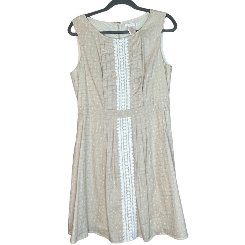 NWT Esley Linen Cotton Swiss Dot Tan Dress with White Lace Hidden Zipper Size L